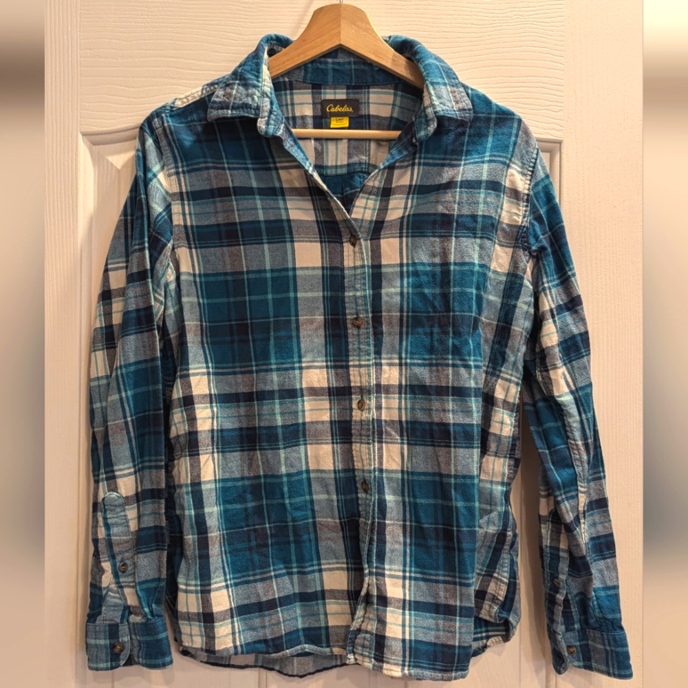 Cabela's 100% Cotton Blue & White Button Up Flannel Size Large